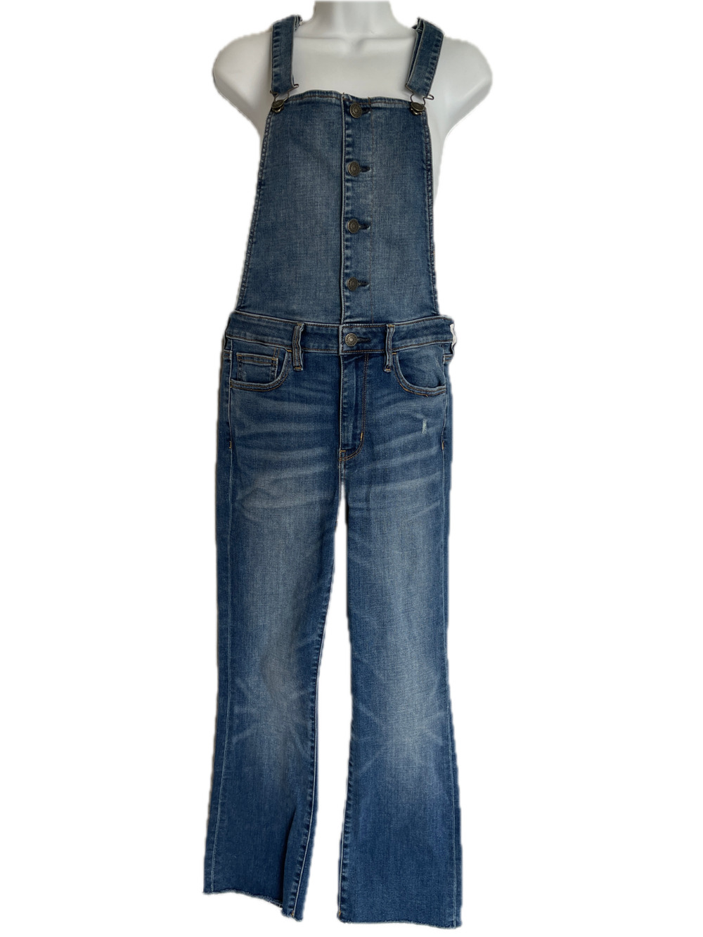 American Eagle Hi-Rise Crop Flare Overalls Womens 8 Short Blue Denim Raw Hem